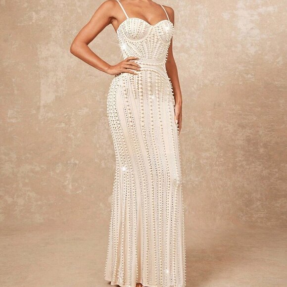 Beige Party Women's Faux Pearls Rhinestone Maxi Dress - Picture 5 of 7